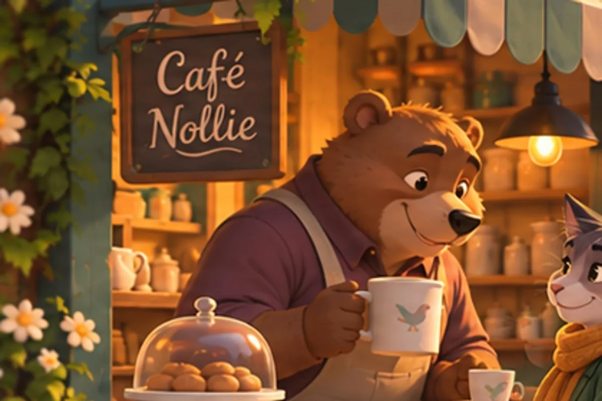 A bear in an apron holds a steaming mug behind the counter of a warmly lit café, under a hand-lettered Café Nollie sign.