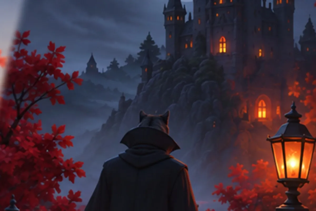 A tall cloaked figure stands with its back turned on a moonlit path, red leaves and a lit lantern around it, a castle glowing on the crag above.
