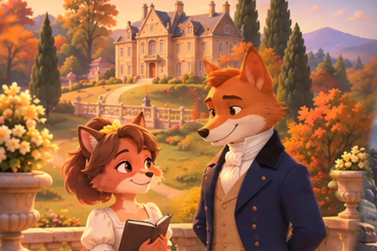 Elizabeth, a squirrel in a white empire-line dress holding a book, looks up at Darcy, a fox in a navy tailcoat, on a terrace below a grand autumn estate.