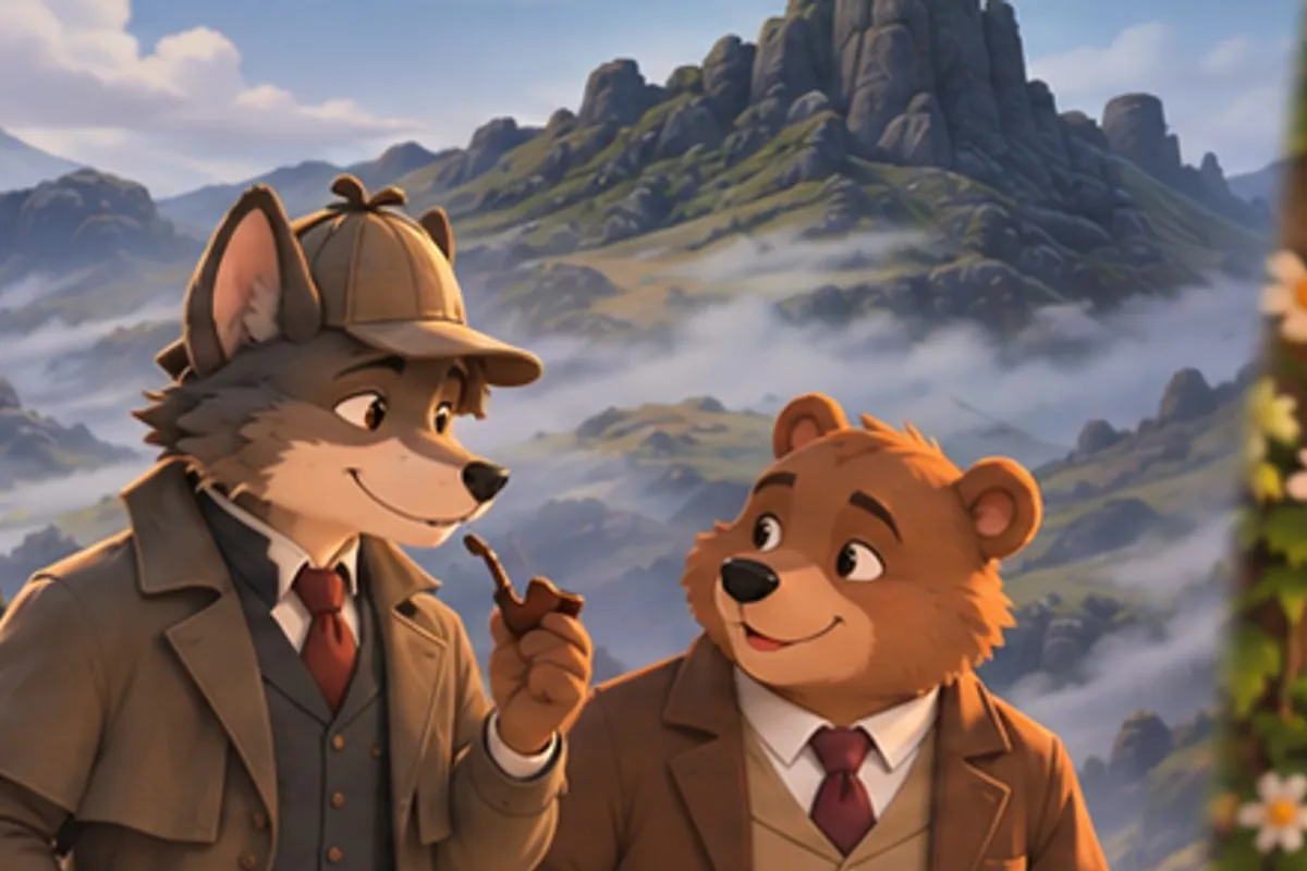 A wolf in a deerstalker cap raises a pipe mid-thought beside a bear in a tweed suit, on a misty moor of rocky green hills.