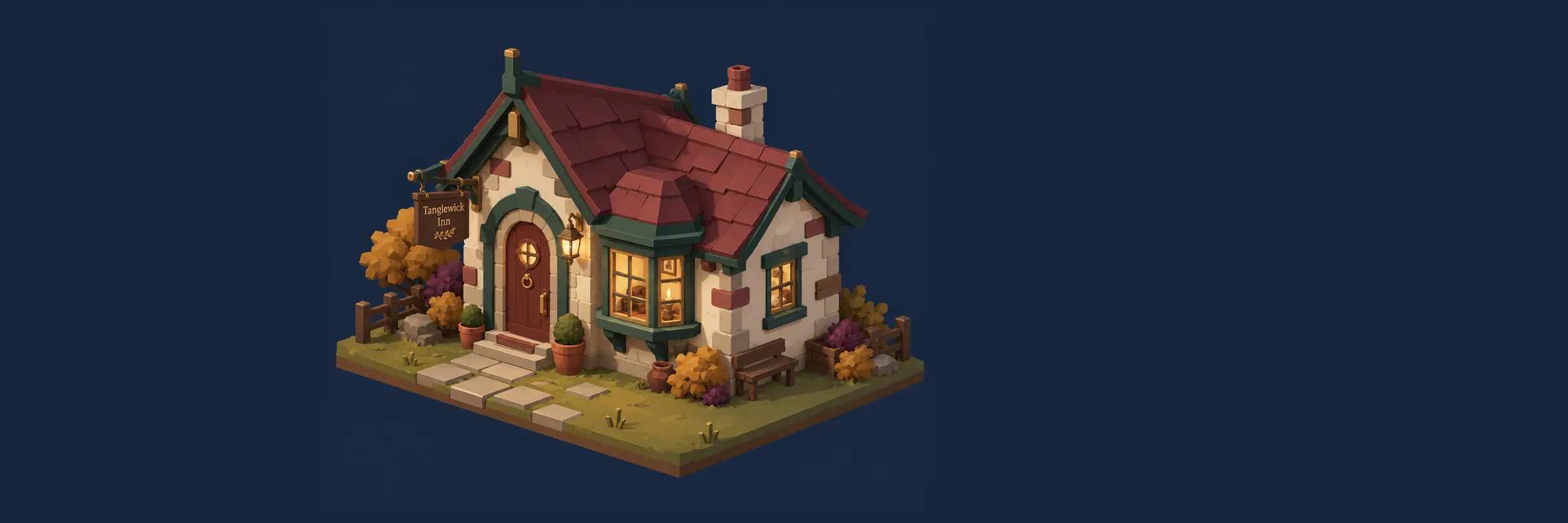 An isometric stone cottage with a red tiled roof, green trim, a round-windowed red door and a swinging Tanglewick Inn sign, lit windows glowing, potted shrubs and a bench in its little garden.