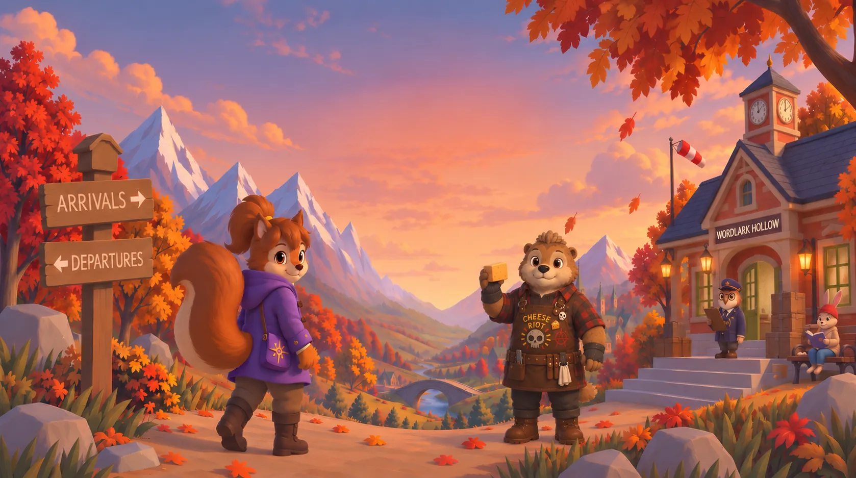 A squirrel in a purple coat pauses on a path beside a signpost pointing to Arrivals and Departures, before the red-brick Wordlark Hollow station and its clock tower, autumn foothills and snow-capped mountains beyond under a coral sunset.